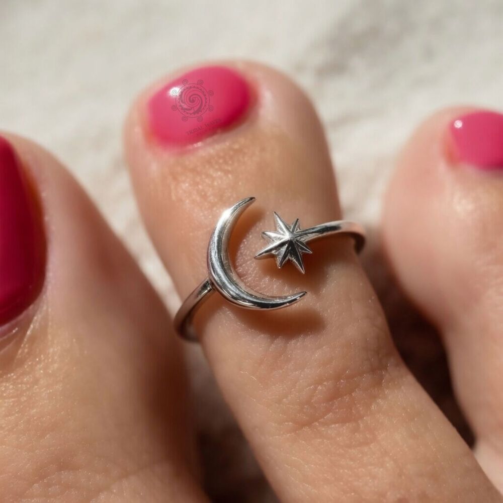 Sterling Silver Toe Ring Silver Moon and Star Adjustable